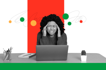 Creative drawing collage picture of tired sad female business worker suffer migraine office job freak bizarre unusual fantasy billboard