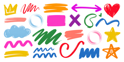 Colorful Hand Drawn Doodle Shapes and Symbols on Black Background graphic design on Transparent Background Modern Minimal PNG Design Elements