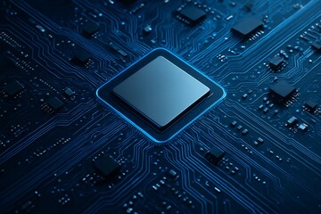 Circuit board closeup showing digital chip and processor on motherboard Futuristic technology background