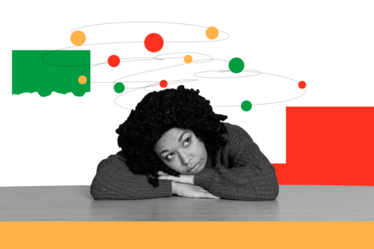 Creative drawing collage picture of tired minded dreamy young female office worker freak bizarre unusual fantasy billboard