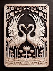Beautiful carved wooden artwork featuring elegant cranes flowers and lotus blossom details