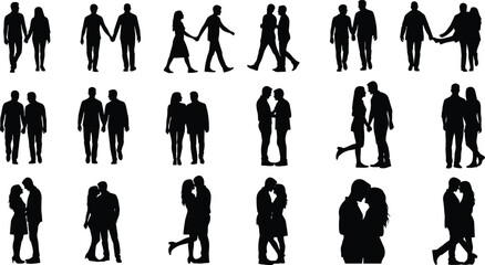 Romantic couple silhouettes in various poses, walking, hugging, kissing, standing together, perfect for love, relationship, and vector design themes.