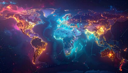 Glowing World Map with City Lights and Nebula, Futuristic Earth Concept