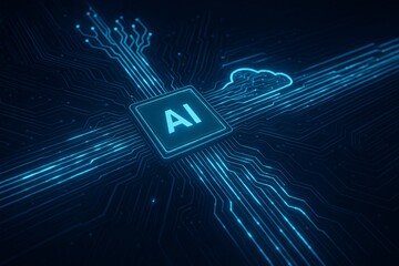 Advanced technology visualization of circuit processor microchip activating AI digital neural network and cloud computing data lines animation