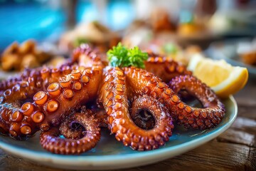 Deliciously prepared octopus on a plate with a fresh lemon wedge.