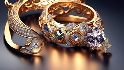 Jewelry ring with diamonds and precious stones. 3d illustration