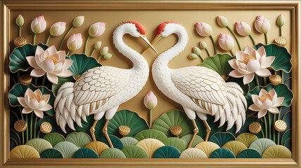 Elegant decorative artwork featuring cranes, lotus flowers, and a serene gold background