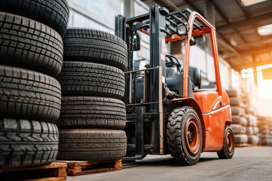 Industrial forklift moving heavy automobile tires in a busy modern warehouse.