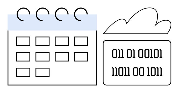 Calendar with grid layout linked to a binary data cloud, representing cloud storage, digital scheduling, coding, organization, remote access, data processing, and technology innovation. Ideal