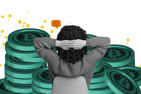 Composite photo collage of anonym american girl sit chair back look bitcoin coin currency token trader miner isolated on painted background