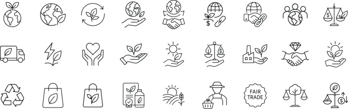 Fair trade and sustainability line icon set. Vector pictograms of ethical business, eco-friendly production, global responsibility, and environmental balance thin linear illustration