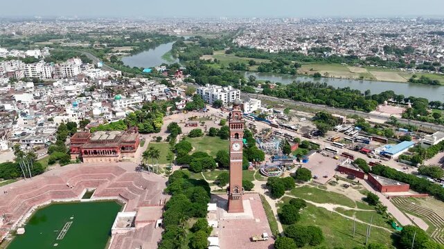 Aerial shot of clock tower in Husainabad, Lucknow, Uttar Pradesh, India