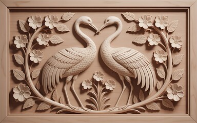 Intricate wood carving of two cranes forming a heart with floral accents and decorative frame