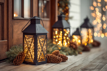 Fototapeta premium Cozy winter porch decoration with glowing lanterns filled with warm fairy lights and pinecones arranged on rustic wooden floorboards during festive season