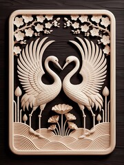 Intricate wooden relief depicting two graceful cranes in a serene asian garden scene