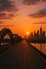 Obraz premium Steel arch bridge over river at sunset with city skyline in the background