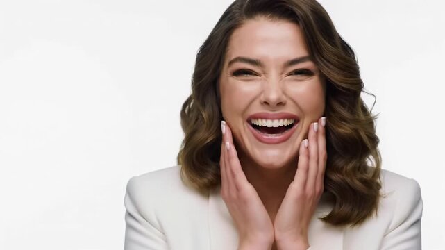 Elegant young caucasian woman with wavy brown hair, white blazer, on clean white studio background. Transforms from surprise to delighted laughter, then radiant smile. Pure joy and spontaneity