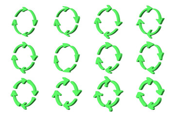 Set of 3d recycle arrow icon Recycling resources symbol Reuse of materials, zero waste, green environment, saving the planet