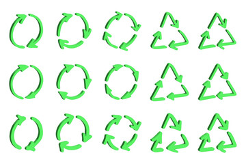 Set of 3d recycle arrow icon Recycling resources symbol Reuse of materials, zero waste, green environment, saving the planet