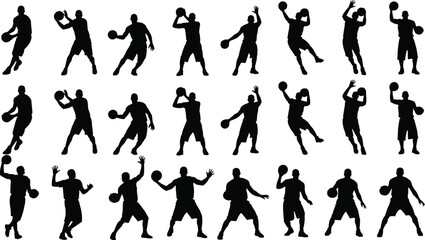 Basketball Silhouette Vector Set – 20 Dynamic Player Poses Dribbling, Shooting, Passing, and Moving for Sports Design and Training Themes
