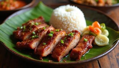 Tasty grilled pork belly slices with rice served on banana leaf. Delicious meal with garnish includes cucumber slices green peppers and chili peppers.