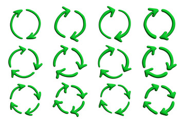 Set of 3d recycle arrow icon Recycling resources symbol Reuse of materials, zero waste, green environment, saving the planet
