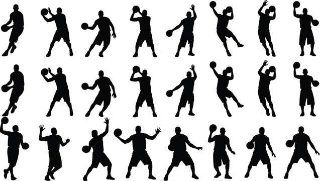 Basketball Silhouette Vector Set – 20 Dynamic Player Poses Dribbling, Shooting, Passing, and Moving for Sports Design and Training Themes
