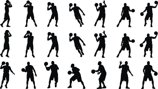 Basketball Silhouette Vector Set – 20 Dynamic Poses of Players Dribbling, Shooting, Passing, and Moving for Sports Design Themes