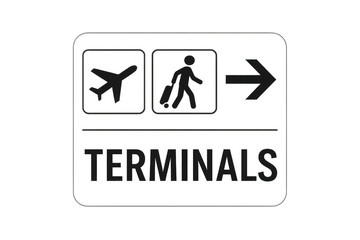 Airport terminals sign with airplane and passenger icons identifying direction of travel, transparent background