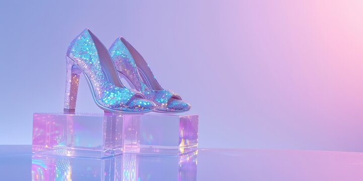Glittering high heels on acrylic riser with holographic light