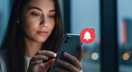 Woman look at smartphone screen with new notification icon. Social media subscription alert. Digital message communication on mobile.