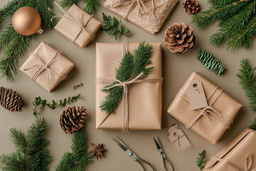 Obraz premium Flat lay of Christmas presents wrapped in simple kraft paper and tied with natural twine, decorated with fir branches, pine cones, and handmade tags