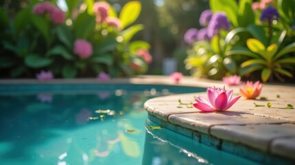Un borde de piscina tranquilo con exuberantes plantas vibrantes y flores exóticas que rodean la superficie del agua
