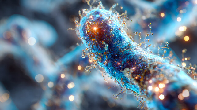 Abstract microscopic view of a nanomaterial with glowing particles and intricate structures