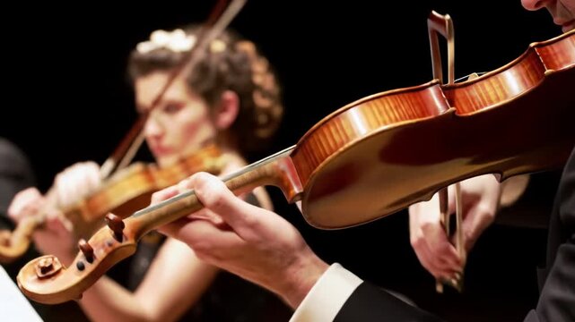 ecu video: elegant male musician's hands in black suit playing polished violin, intricate movements. blurred orchestra bokeh, chiaroscuro. artistic brilliance concept