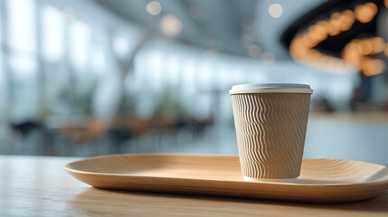 A close-up shot of a disposable coffee cup on a wooden tray with smooth blurred caf&eacute; background clean made with Ai 2