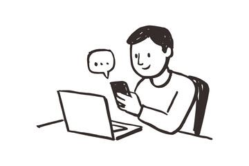 man using laptop and phone cartoon sketch vector illustration