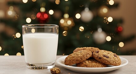 Cookies and milk beside a festive christmas tree backdrop with bokeh effect