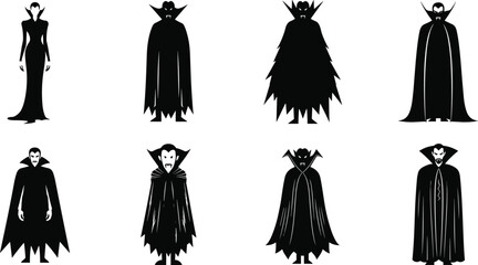 Vampire silhouette bundle with cloaks, horns, and gothic poses, Halloween horror character vector set for spooky undead illustration themes