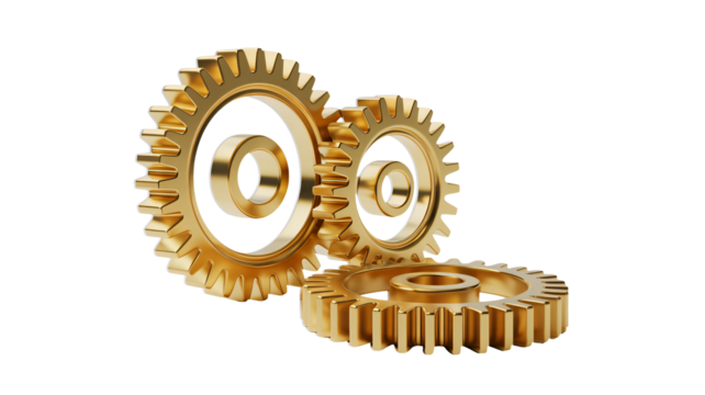 Golden gears turning smoothly represent industry, technology, and teamwork