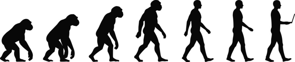 Evolution of man silhouette from ape to modern human using laptop, technology progress, digital transformation, human development concept