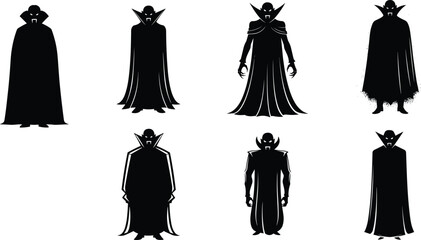 Vampire silhouette bundle with cloaks, fangs, and pointed ears, Halloween spooky character vector set for horror and gothic illustration