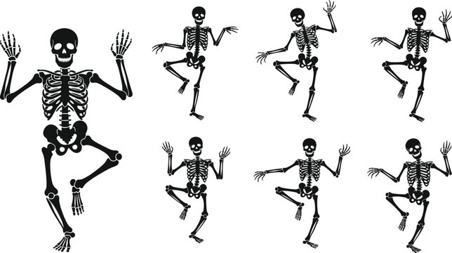 Dancing skeleton cartoon bundle with expressive poses and broken bones, Halloween festive character vector set for spooky undead illustration