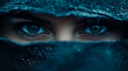Captivating blue eyes emerge from mysterious depths of textured dark teal veil, conveying powerful and enigmatic presence in close-up, dramatic portrait