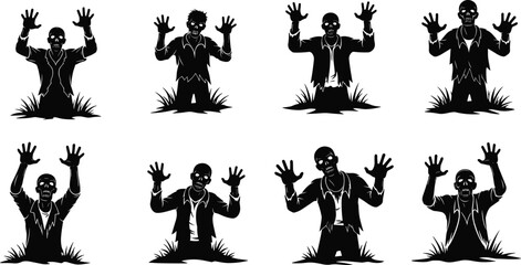 Zombie silhouette bundle rising from grave with creepy poses, Halloween horror vector set for undead character illustration and spooky design