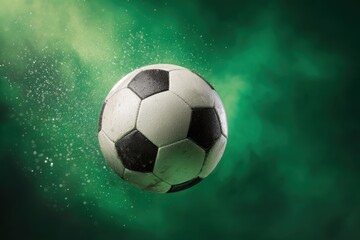 Naklejka premium Flying football with classic black and white design surrounded by vibrant green mist and particles creating a dynamic motion effect against a bright background for sports enthusiasts