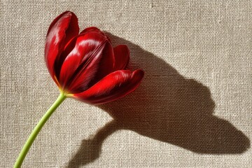 Striking red tulip on textured light fabric background with glossy petals and green stem casting unique shadow effect, enhancing floral aesthetics for nature lovers and decor enthusiasts