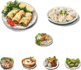 Set of Turkish and Greek cuisine in color style no background 