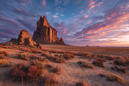Majestic cliff towering over arid landscape at sunset with vibrant pink and blue sky, accented by dry shrubs in purple and gold hues, creating dramatic visual appeal