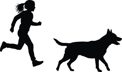 Silhouette of girl running with dog, outdoor activity concept, fitness exercise, friendship, pet walking, active lifestyle vector illustration